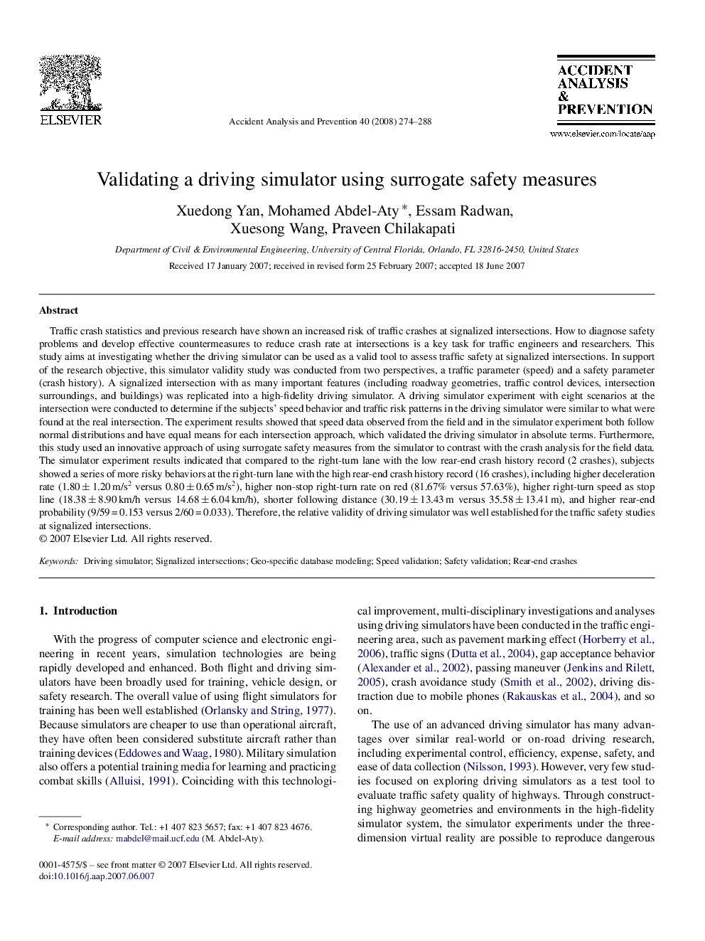 Validating a driving simulator using surrogate safety measures