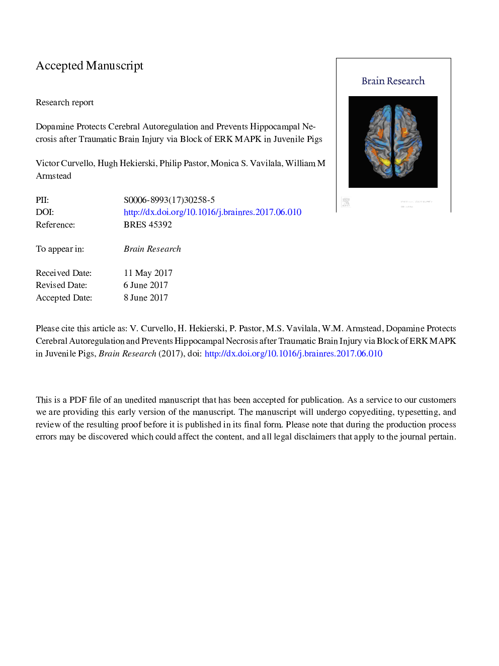 Dopamine protects cerebral autoregulation and prevents hippocampal necrosis after traumatic brain injury via block of ERK MAPK in juvenile pigs