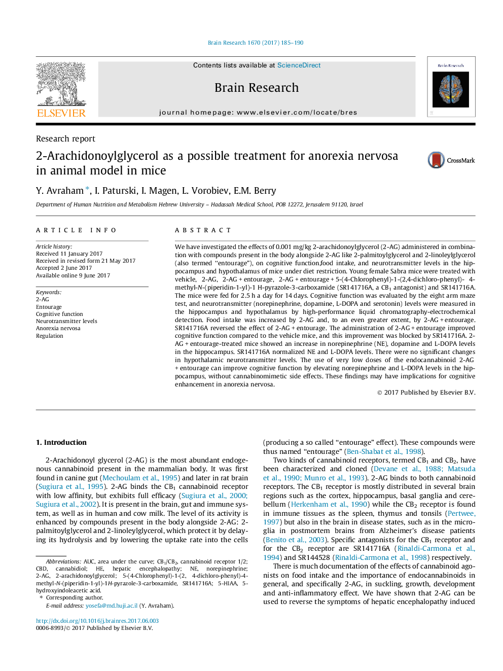 2-Arachidonoylglycerol as a possible treatment for anorexia nervosa in animal model in mice