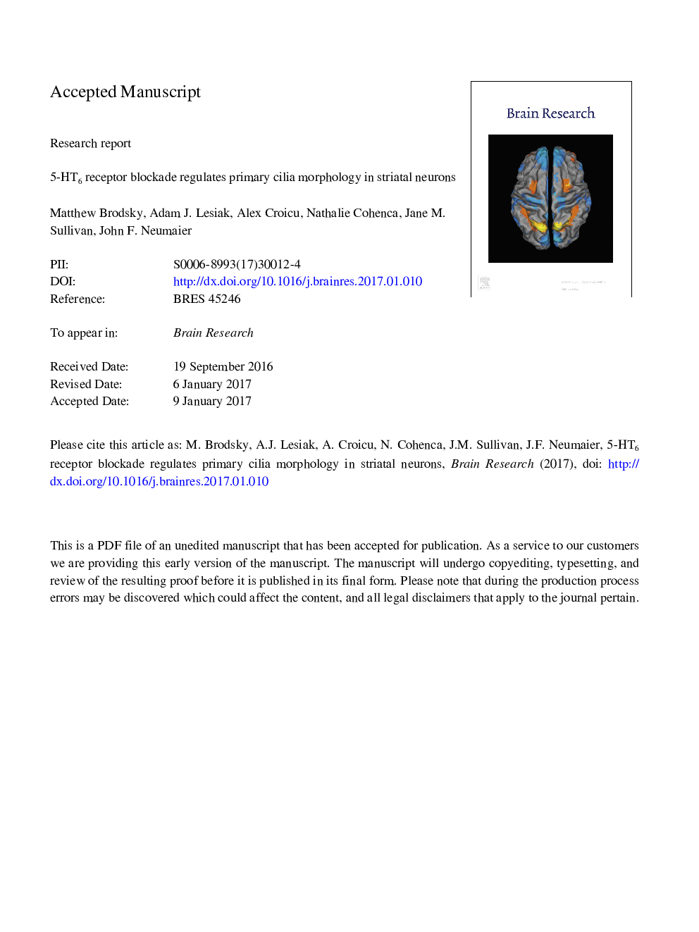 5-HT6 receptor blockade regulates primary cilia morphology in striatal neurons