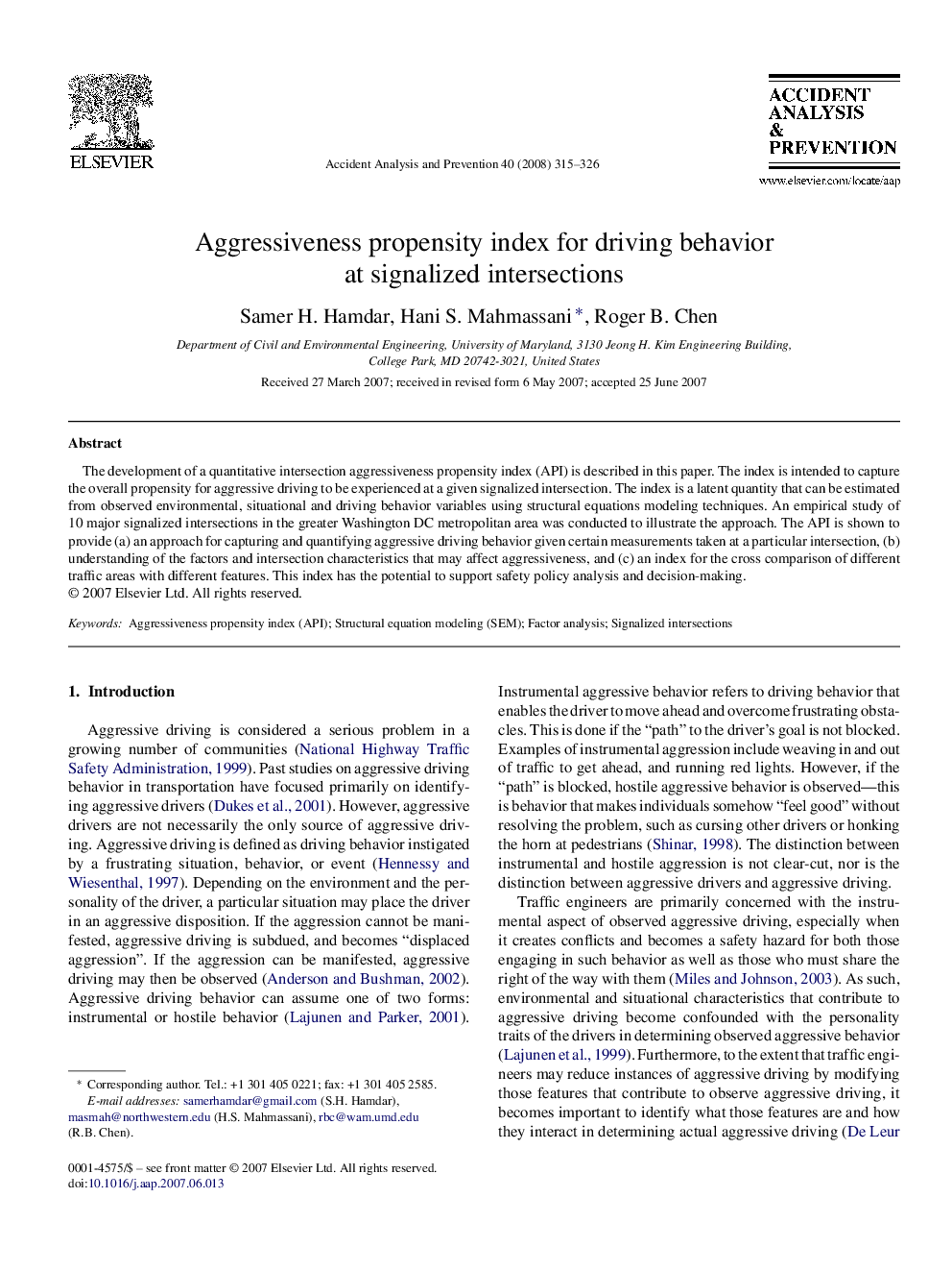 Aggressiveness propensity index for driving behavior at signalized intersections