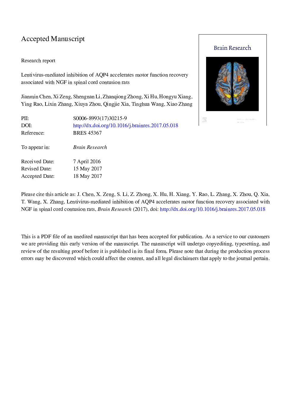 Lentivirus-mediated inhibition of AQP4 accelerates motor function recovery associated with NGF in spinal cord contusion rats