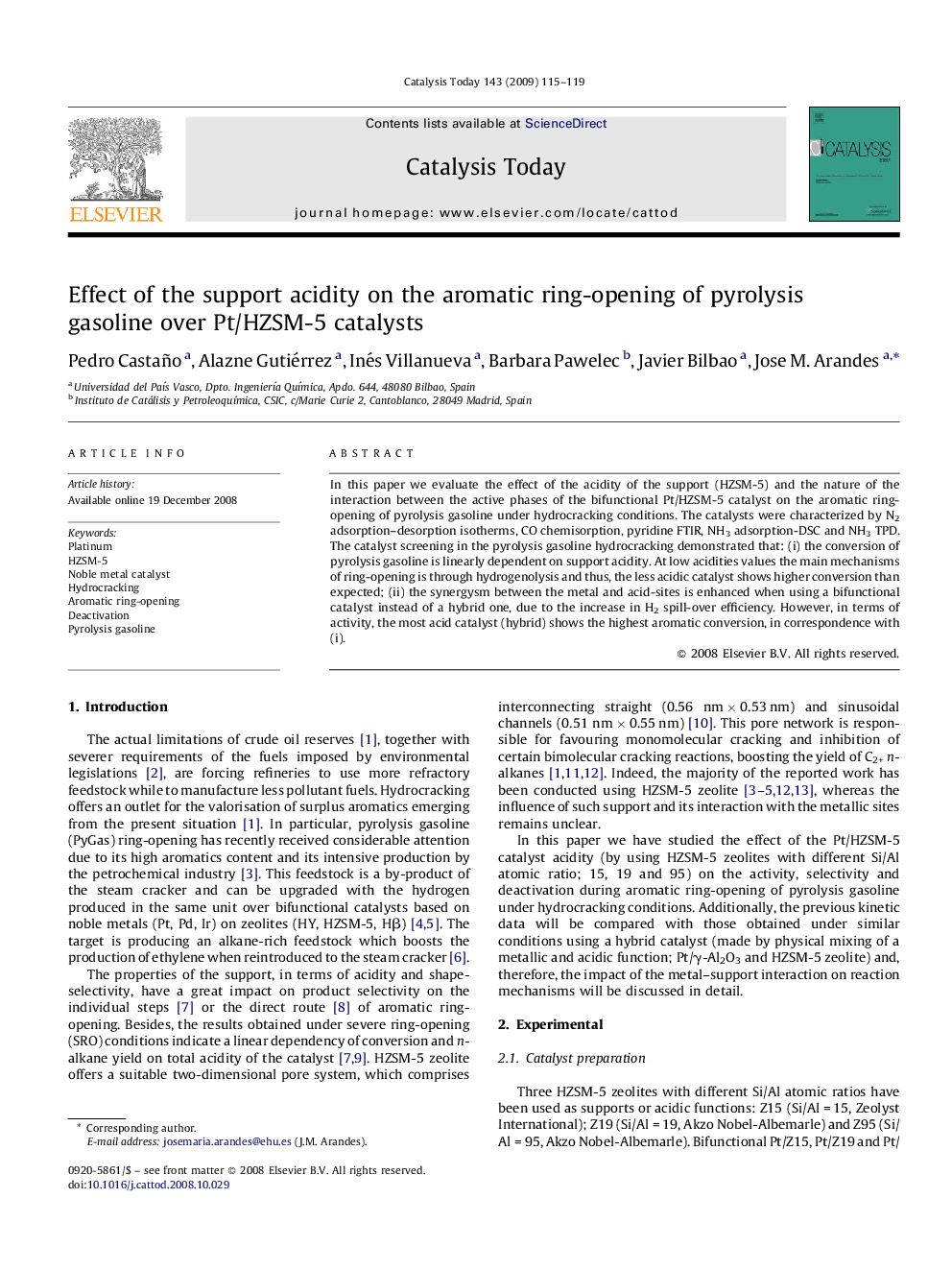 Effect of the support acidity on the aromatic ring-opening of pyrolysis gasoline over Pt/HZSM-5 catalysts