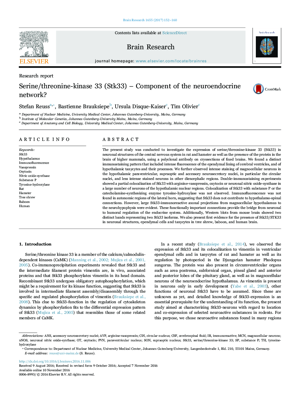 Research reportSerine/threonine-kinase 33 (Stk33) - Component of the neuroendocrine network?