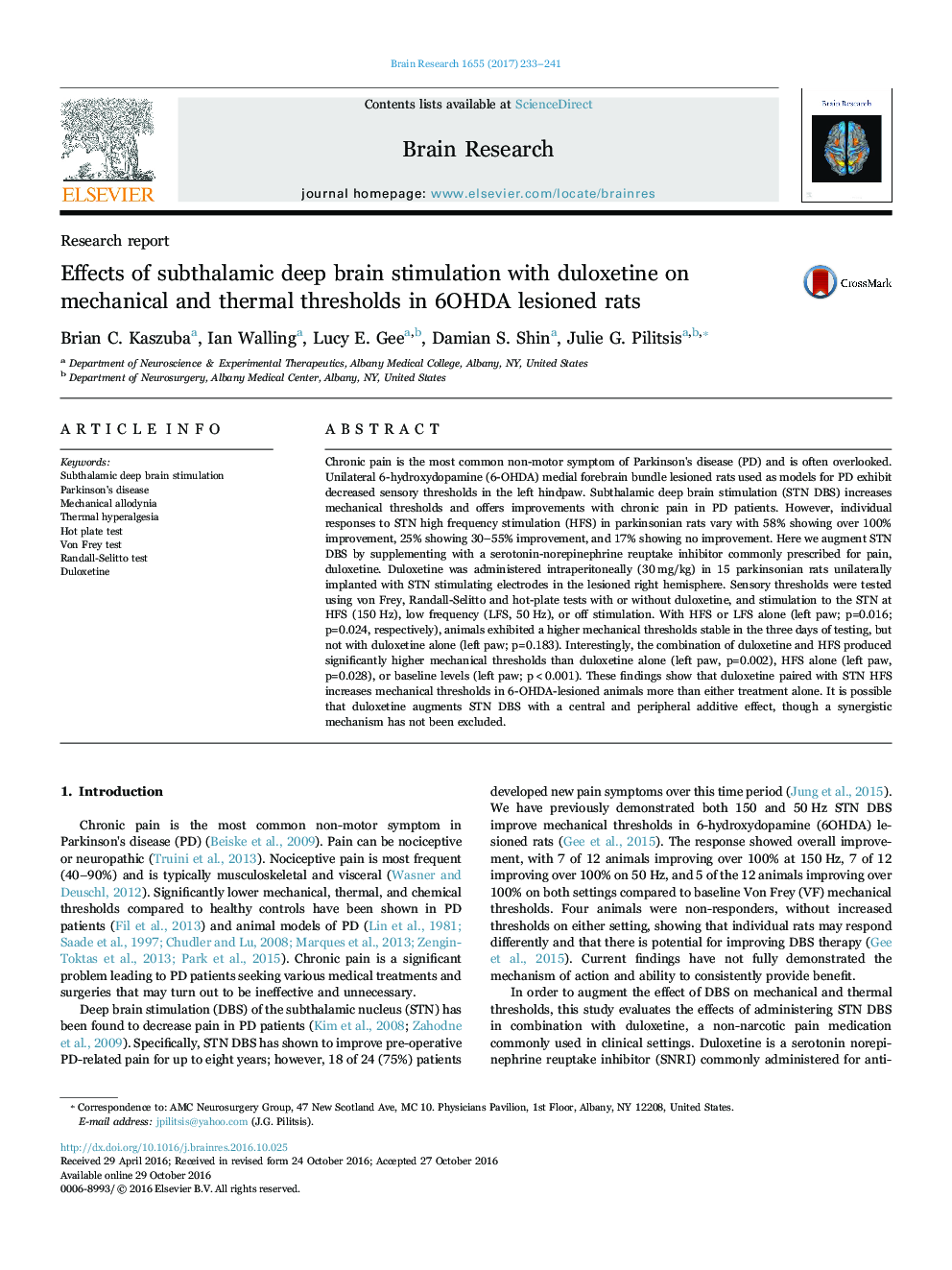 Effects of subthalamic deep brain stimulation with duloxetine on mechanical and thermal thresholds in 6OHDA lesioned rats