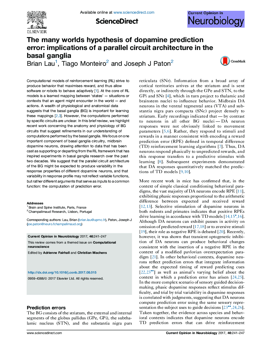 The many worlds hypothesis of dopamine prediction error: implications of a parallel circuit architecture in the basal ganglia