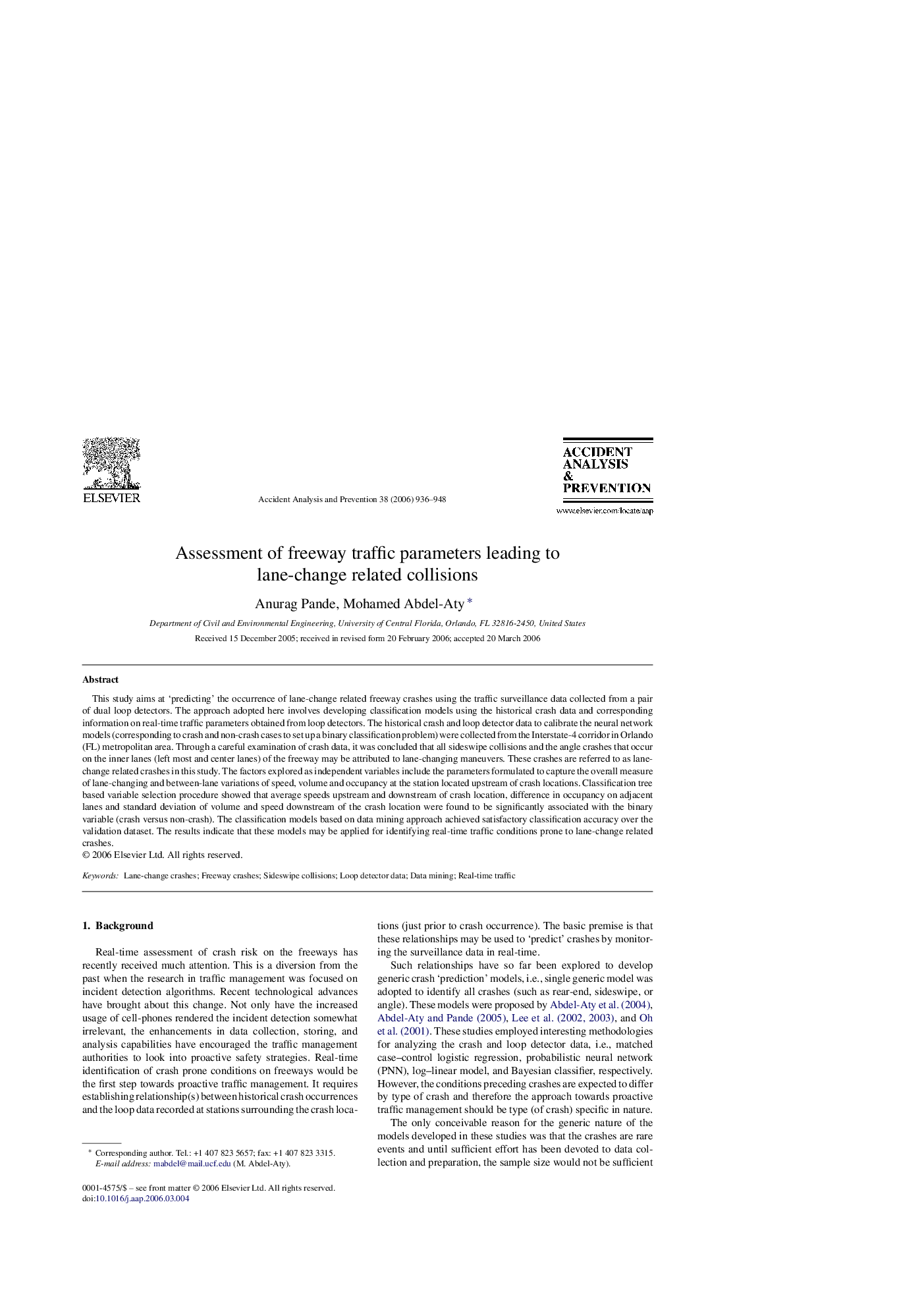 Assessment of freeway traffic parameters leading to lane-change related collisions