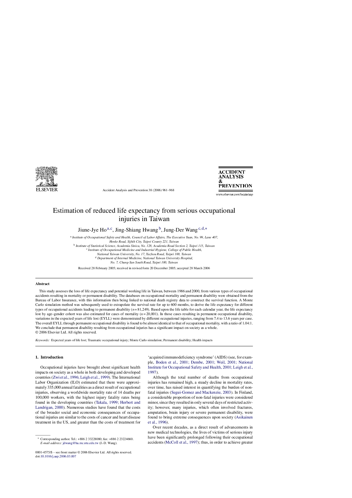 عکس صفحه اول مقاله: Estimation of reduced life expectancy from serious occupational injuries in Taiwan Estimation of reduced life expectancy from serious occupational injuries in Taiwan