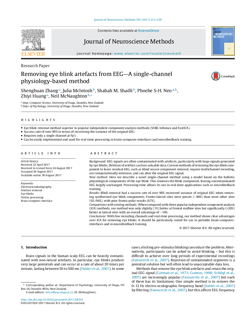 Research PaperRemoving eye blink artefacts from EEG-A single-channel physiology-based method