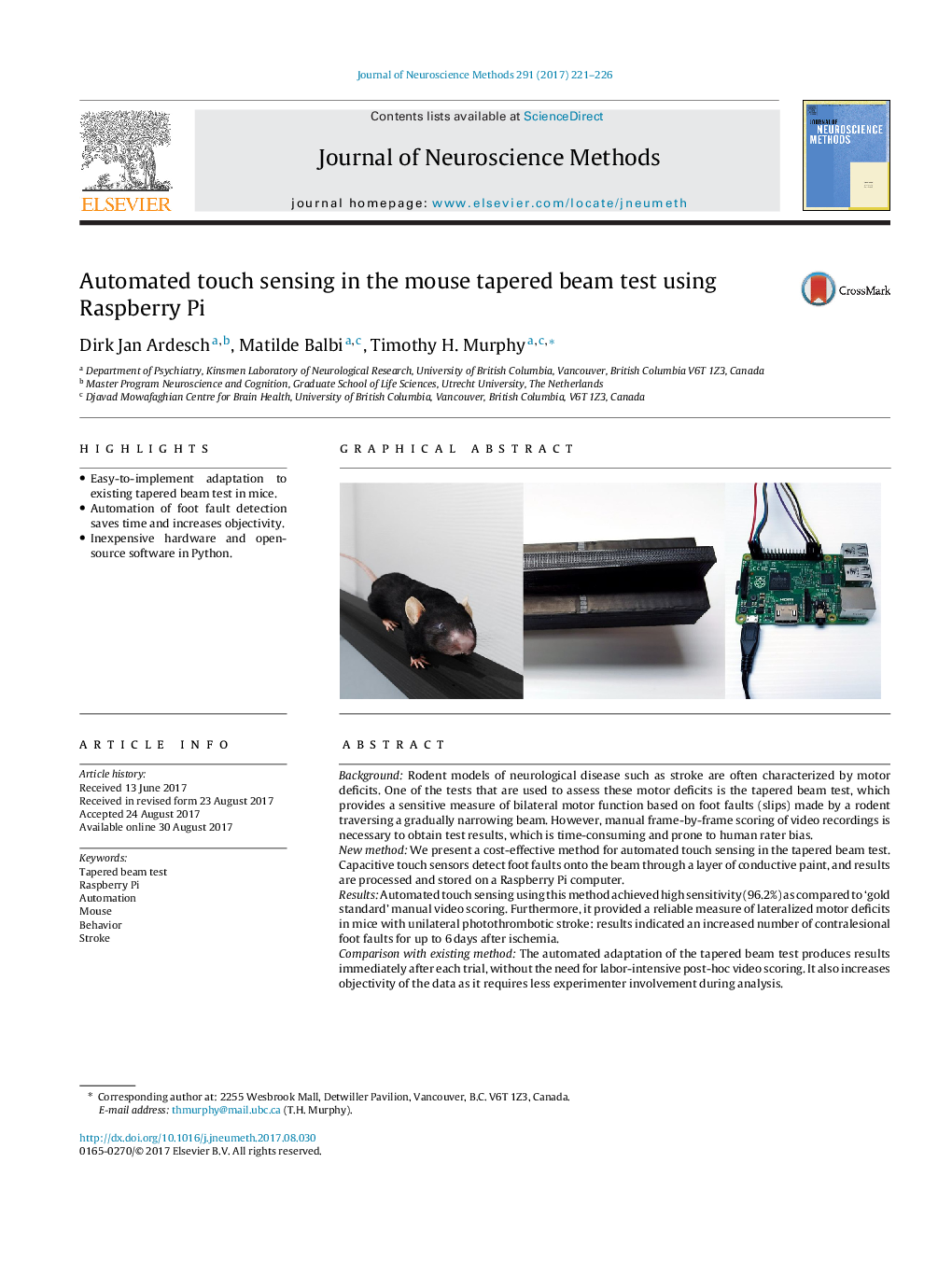 Automated touch sensing in the mouse tapered beam test using Raspberry Pi