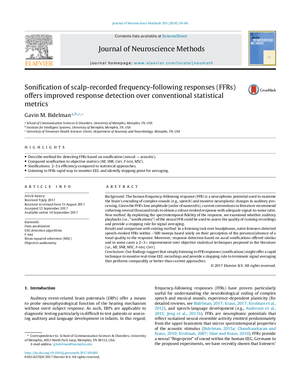 Sonification of scalp-recorded frequency-following responses (FFRs) offers improved response detection over conventional statistical metrics