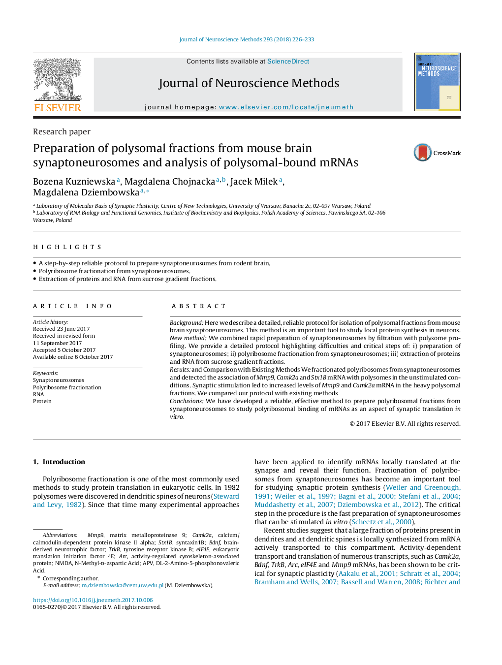 Preparation of polysomal fractions from mouse brain synaptoneurosomes and analysis of polysomal-bound mRNAs