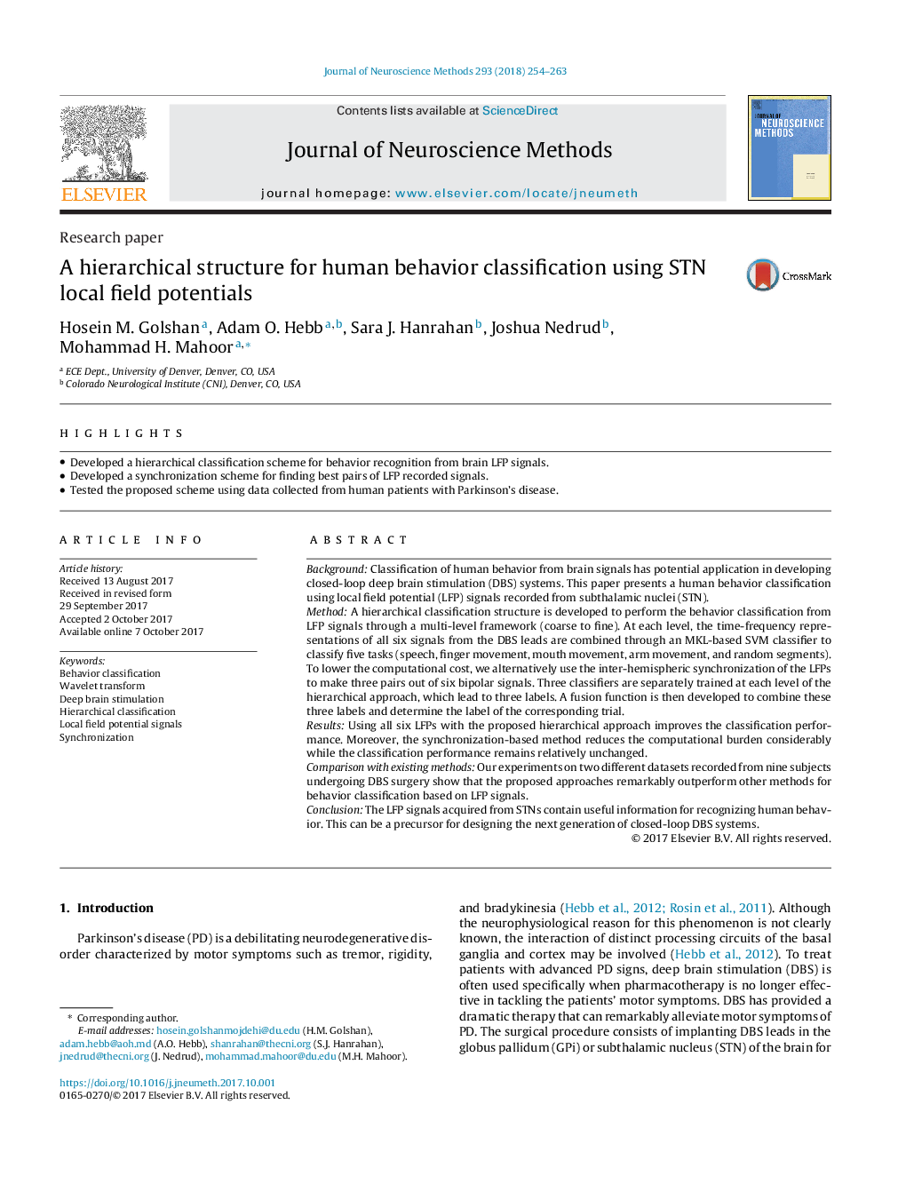 Research paperA hierarchical structure for human behavior classification using STN local field potentials