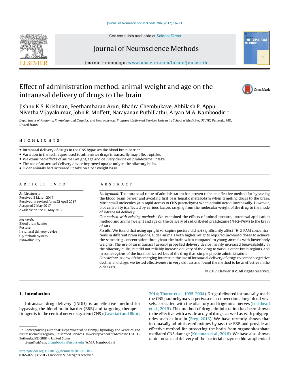 Effect of administration method, animal weight and age on the intranasal delivery of drugs to the brain