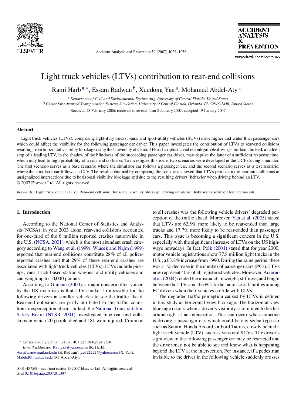 عکس صفحه اول مقاله: Light truck vehicles (LTVs) contribution to rear-end collisions Light truck vehicles (LTVs) contribution to rear-end collisions
