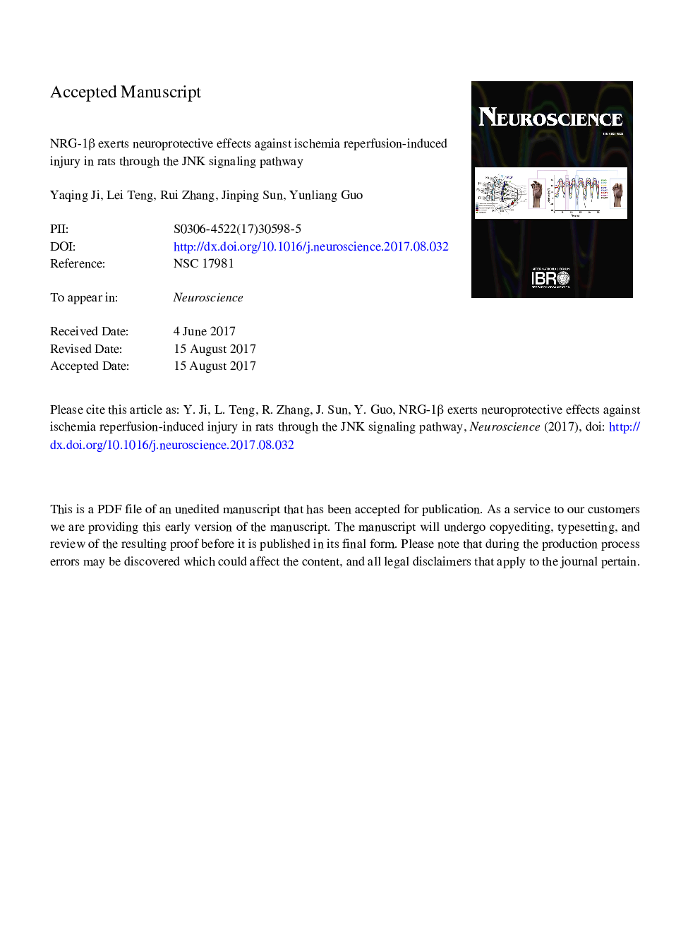 NRG-1Î² exerts neuroprotective effects against ischemia reperfusion-induced injury in rats through the JNK signaling pathway