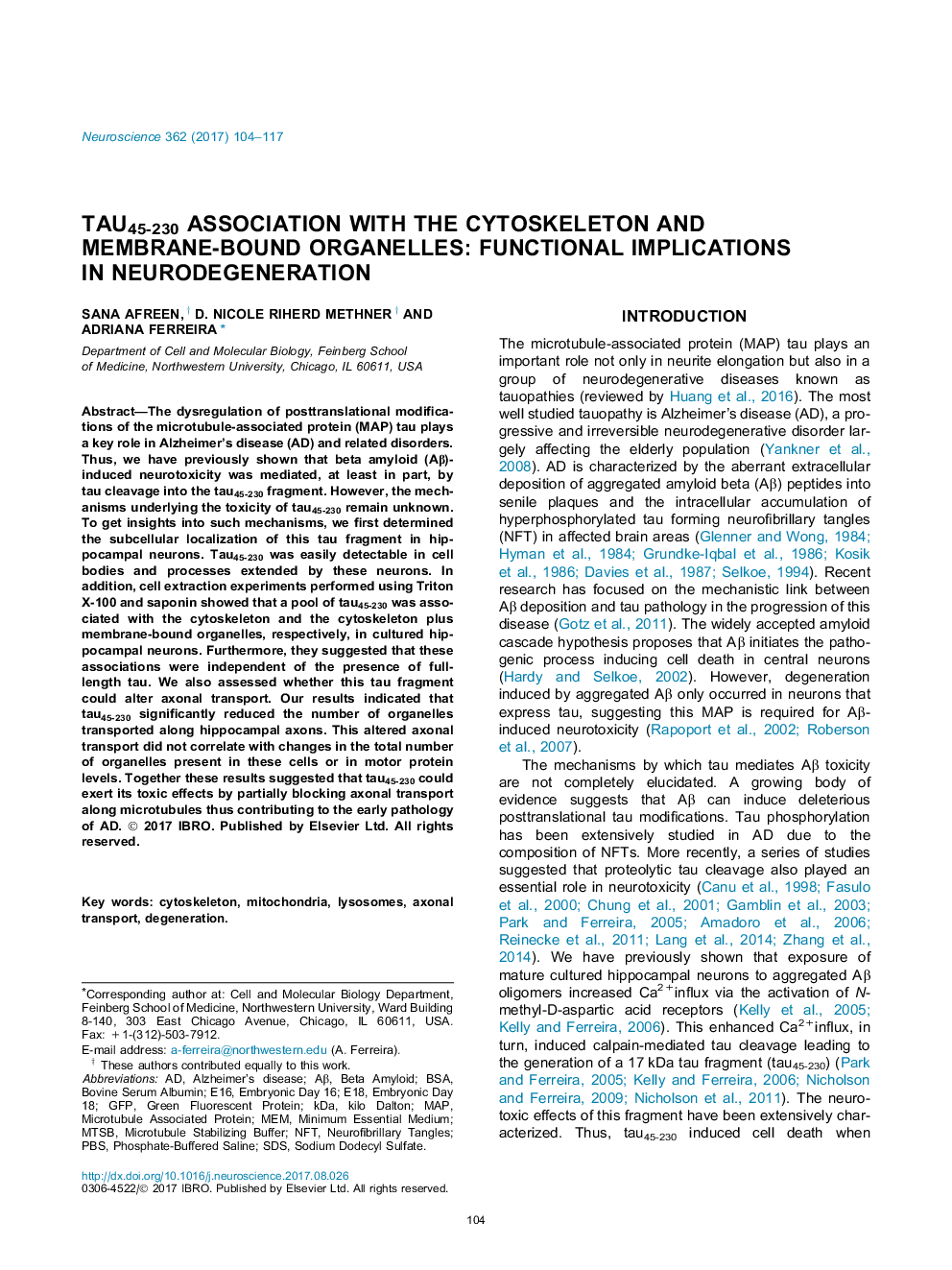 Tau45-230 association with the cytoskeleton and membrane-bound organelles: Functional implications in neurodegeneration