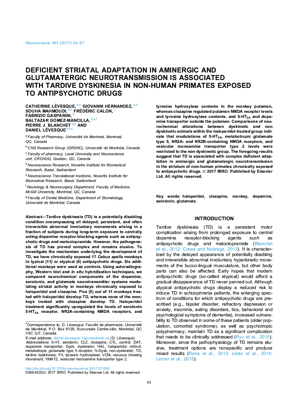 Deficient striatal adaptation in aminergic and glutamatergic neurotransmission is associated with tardive dyskinesia in non-human primates exposed to antipsychotic drugs
