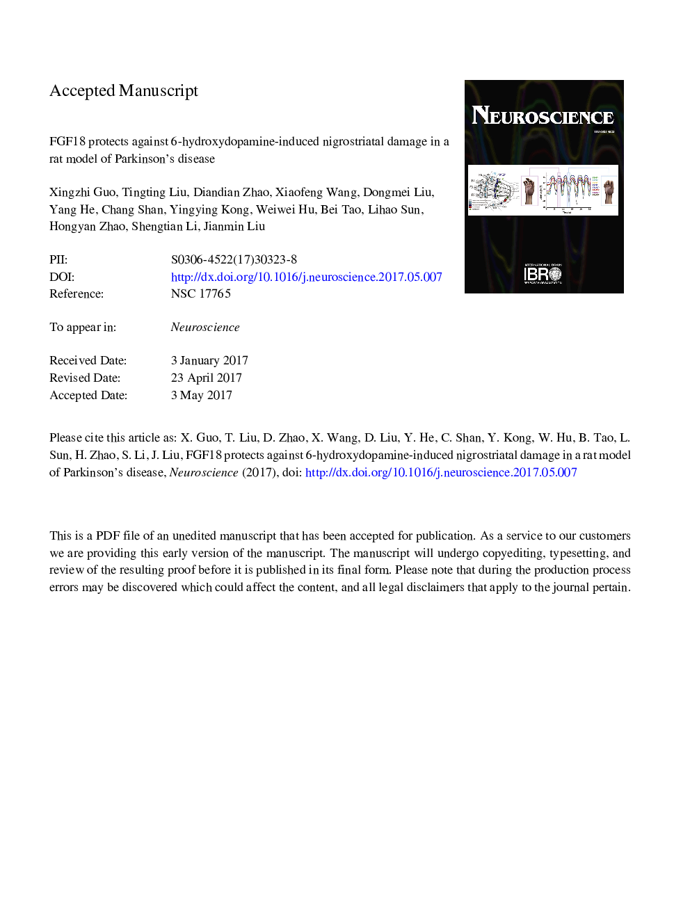 FGF18 protects against 6-hydroxydopamine-induced nigrostriatal damage in a rat model of Parkinson's disease