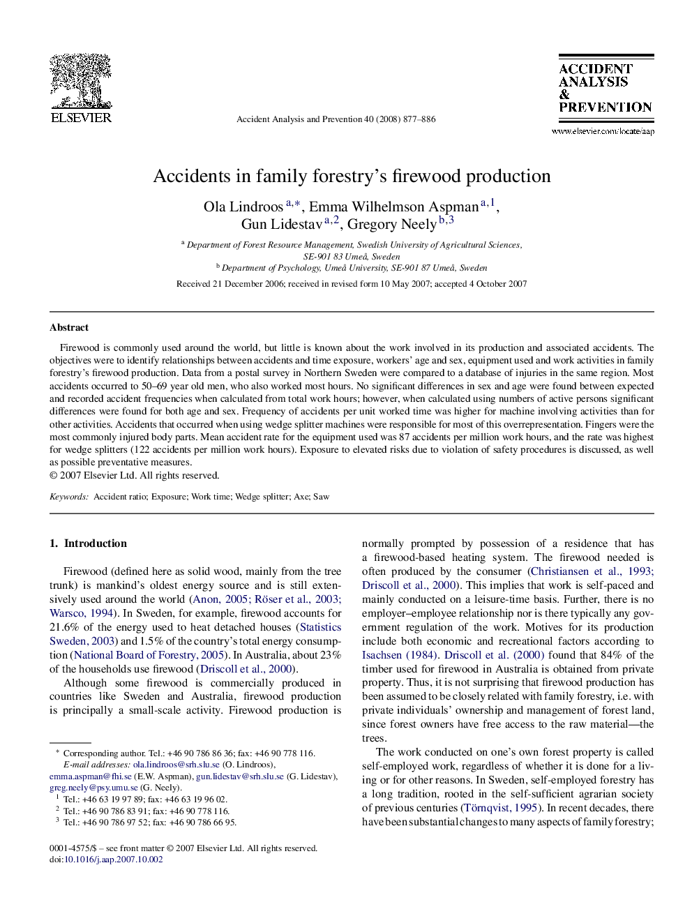 Accidents in family forestry's firewood production