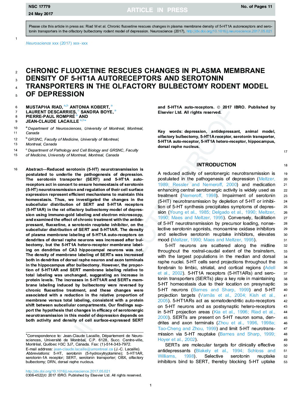 Chronic fluoxetine rescues changes in plasma membrane density of 5-HT1A autoreceptors and serotonin transporters in the olfactory bulbectomy rodent model of depression