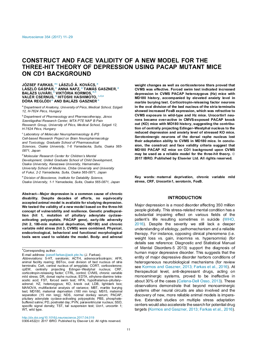 Construct and face validity of a new model for the three-hit theory of depression using PACAP mutant mice on CD1 background