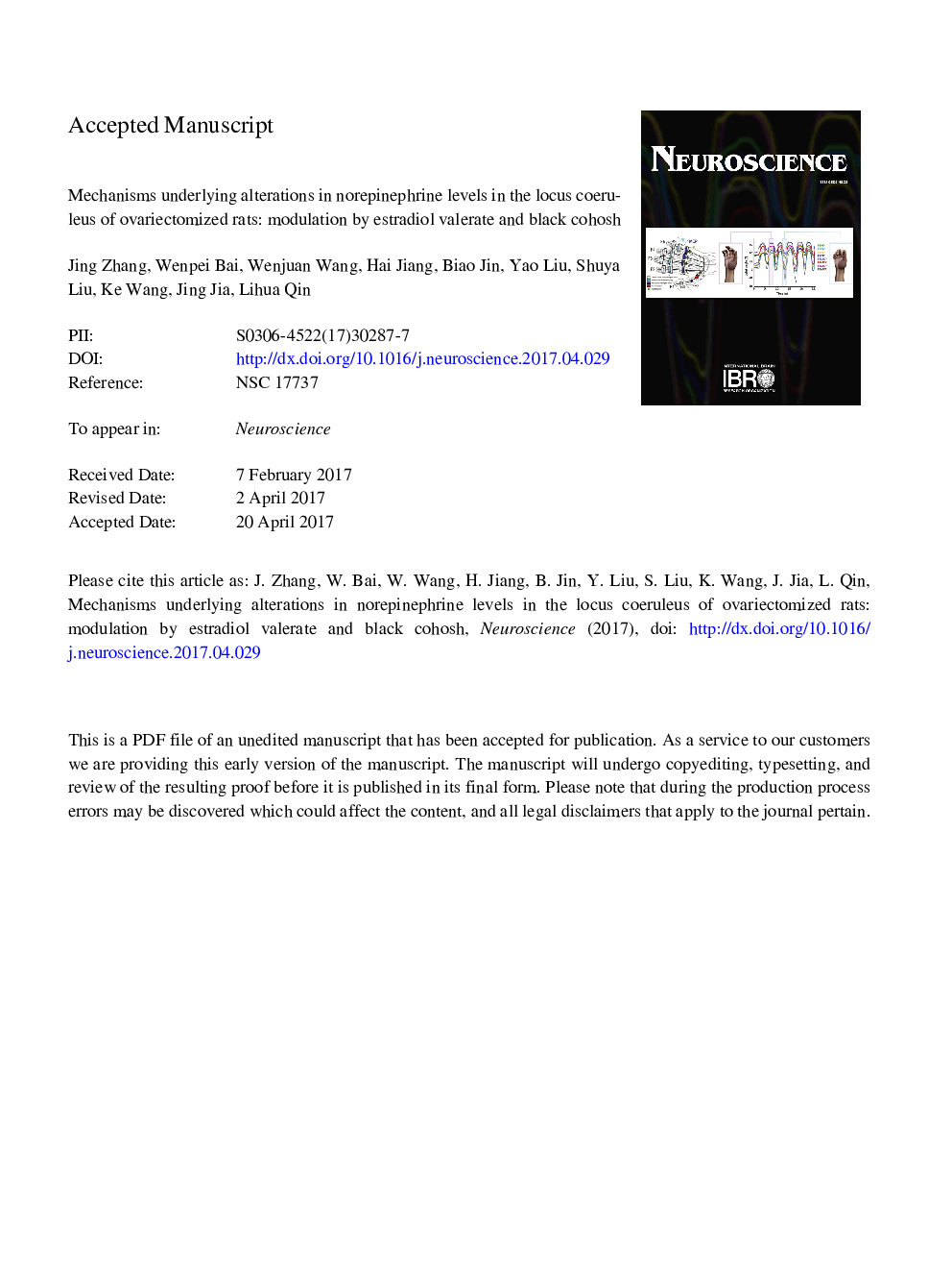 Mechanisms underlying alterations in norepinephrine levels in the locus coeruleus of ovariectomized rats: Modulation by estradiol valerate and black cohosh