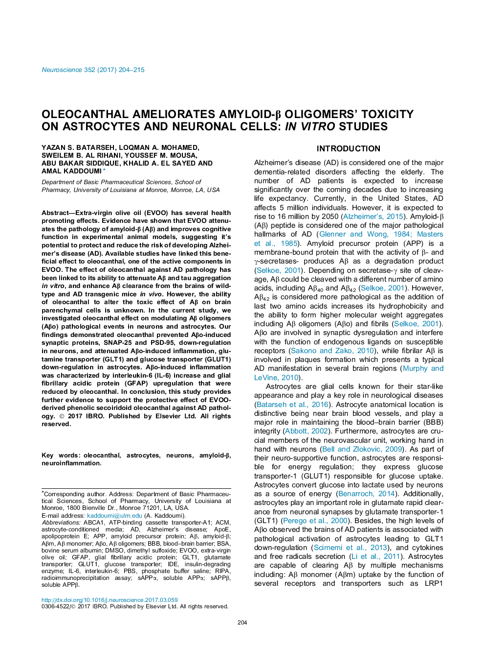 Oleocanthal ameliorates amyloid-Î² oligomers' toxicity on astrocytes and neuronal cells: In vitro studies