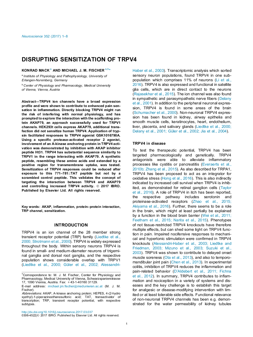 Disrupting sensitization of TRPV4