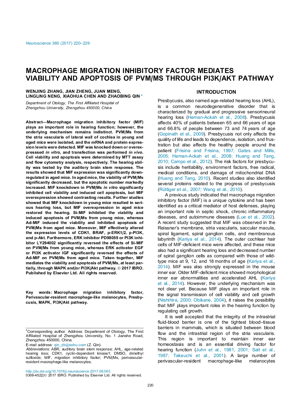 Macrophage migration inhibitory factor mediates viability and apoptosis of PVM/Ms through PI3K/Akt pathway