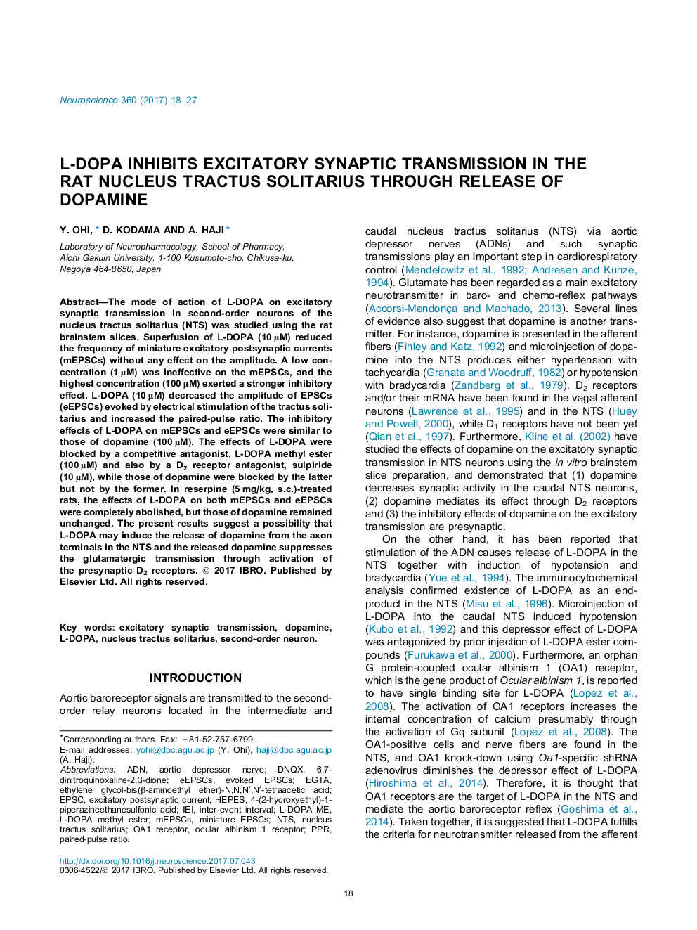 L-DOPA inhibits excitatory synaptic transmission in the rat nucleus tractus solitarius through release of dopamine