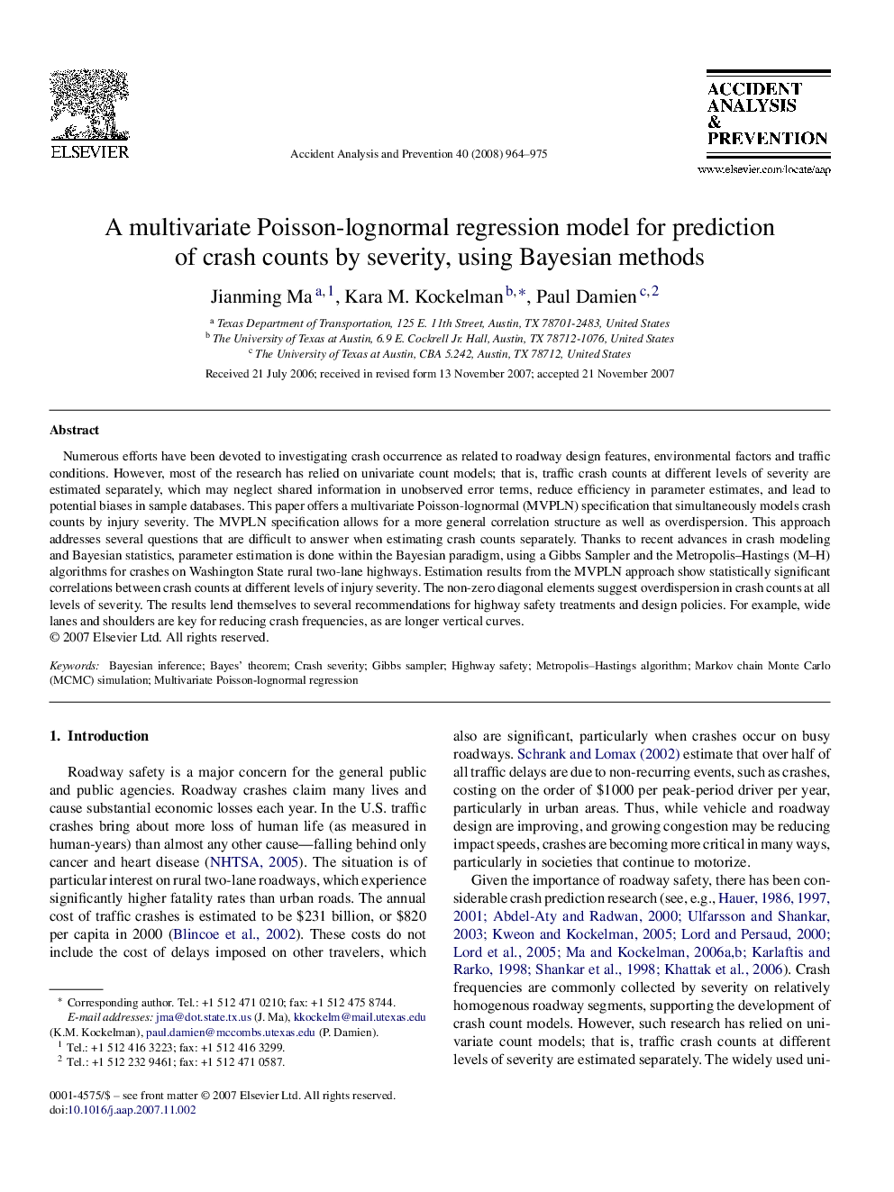 A multivariate Poisson-lognormal regression model for prediction of crash counts by severity, using Bayesian methods