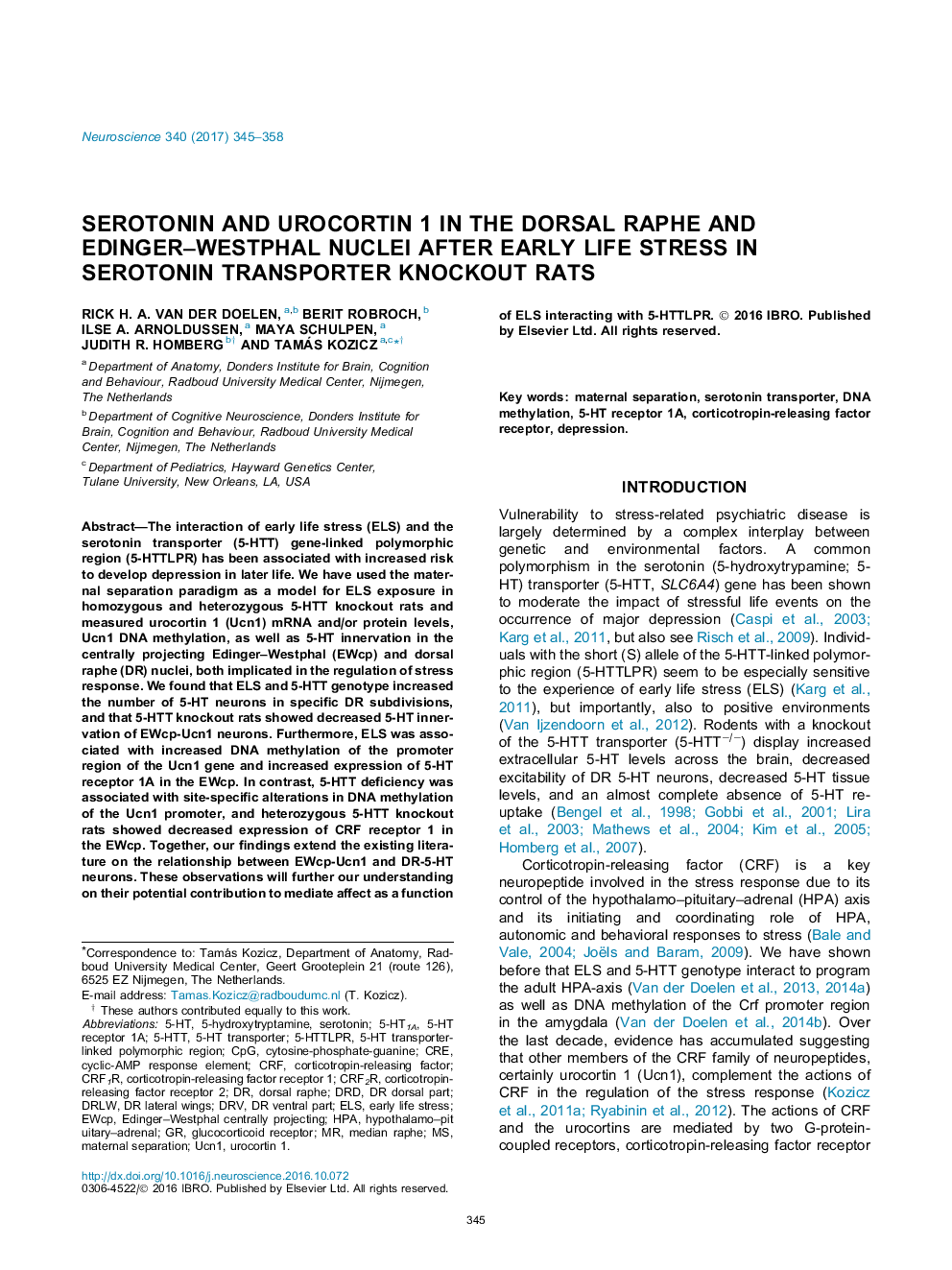 عکس صفحه اول مقاله: Serotonin and urocortin 1 in the dorsal raphe and Edinger-Westphal nuclei after early life stress in serotonin transporter knockout rats Serotonin and urocortin 1 in the dorsal raphe and Edinger-Westphal nuclei after early life stress in serotonin transporter knockout rats