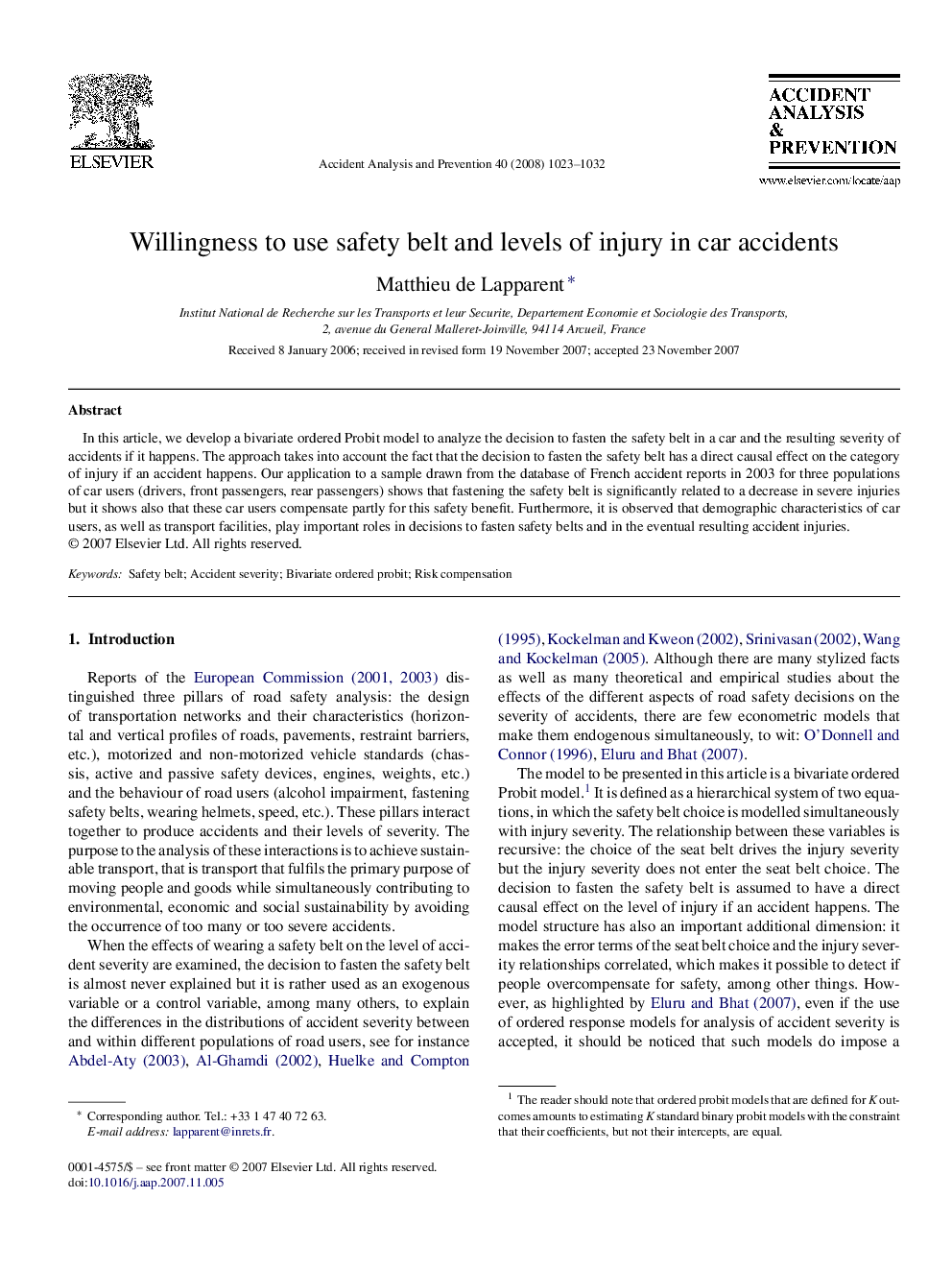 Willingness to use safety belt and levels of injury in car accidents