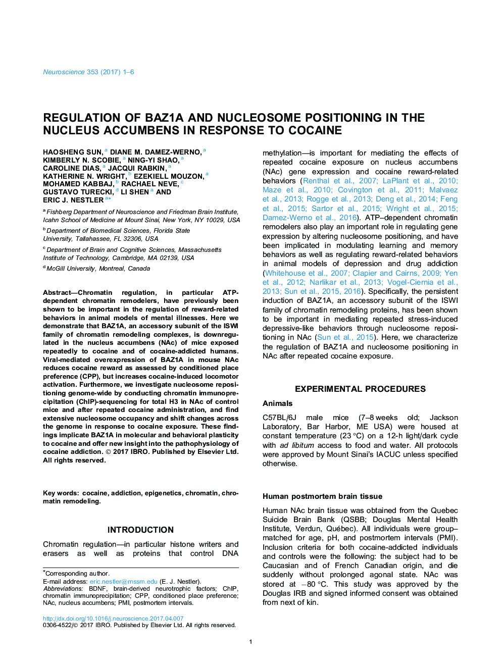 Regulation of BAZ1A and nucleosome positioning in the nucleus accumbens in response to cocaine
