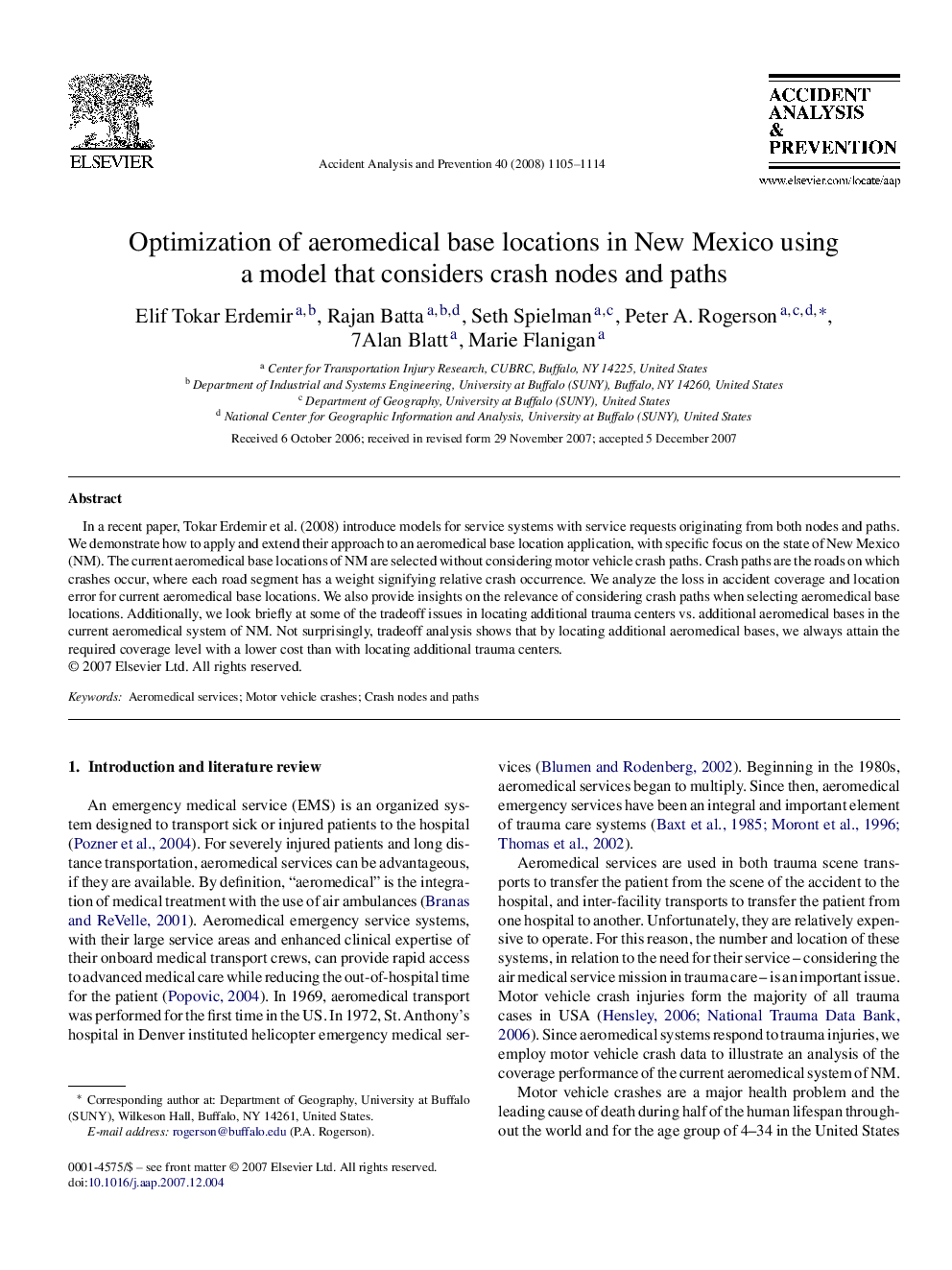 Optimization of aeromedical base locations in New Mexico using a model that considers crash nodes and paths