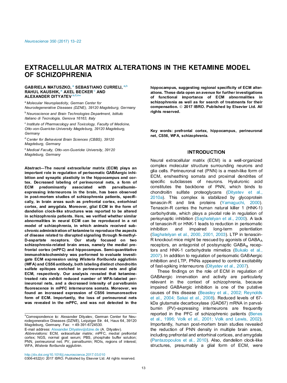 Extracellular matrix alterations in the ketamine model of schizophrenia