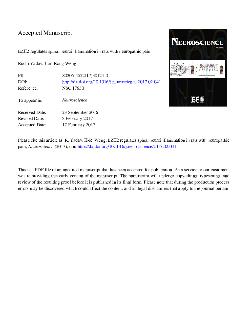 EZH2 regulates spinal neuroinflammation in rats with neuropathic pain