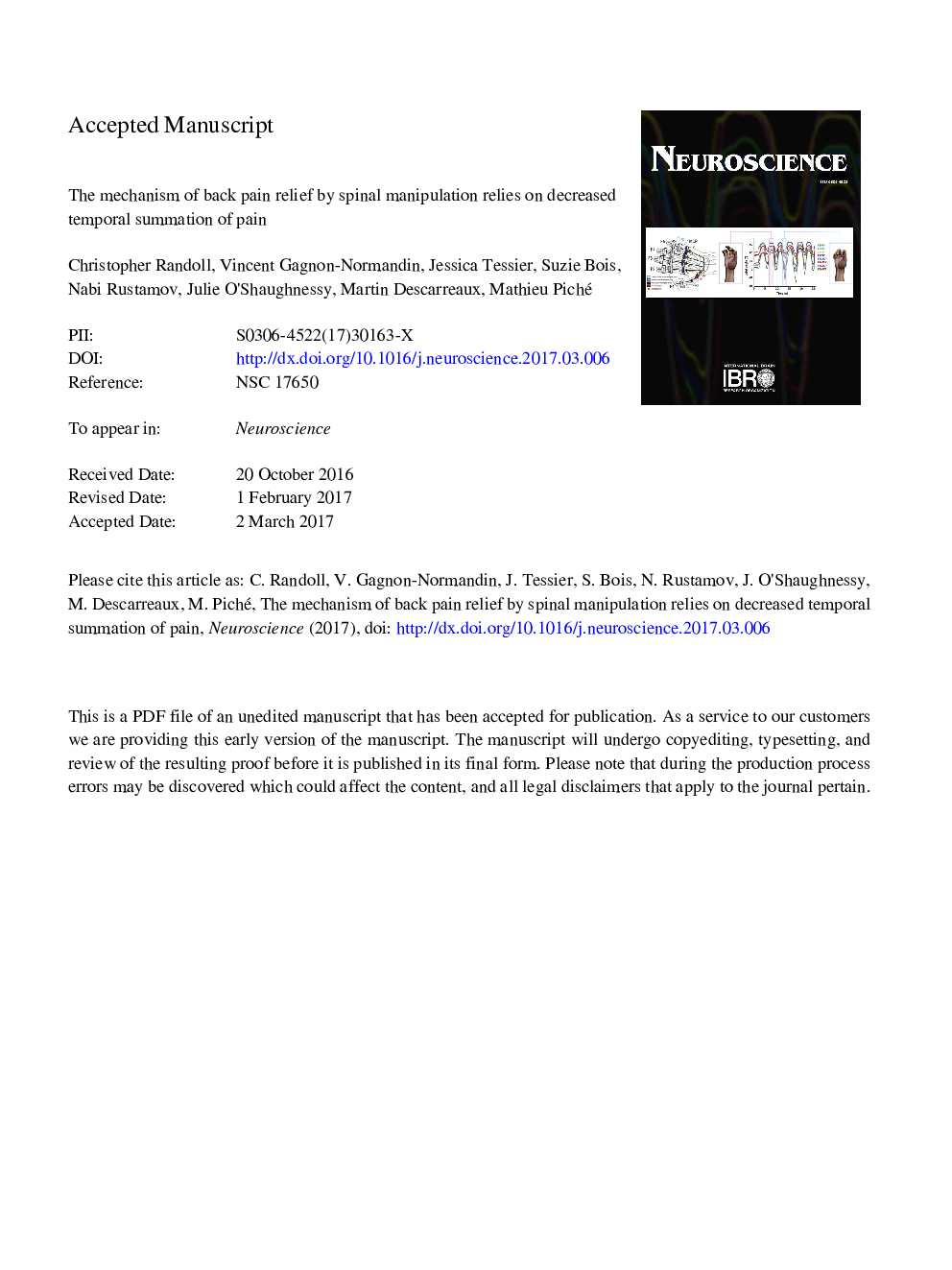 The mechanism of back pain relief by spinal manipulation relies on decreased temporal summation of pain