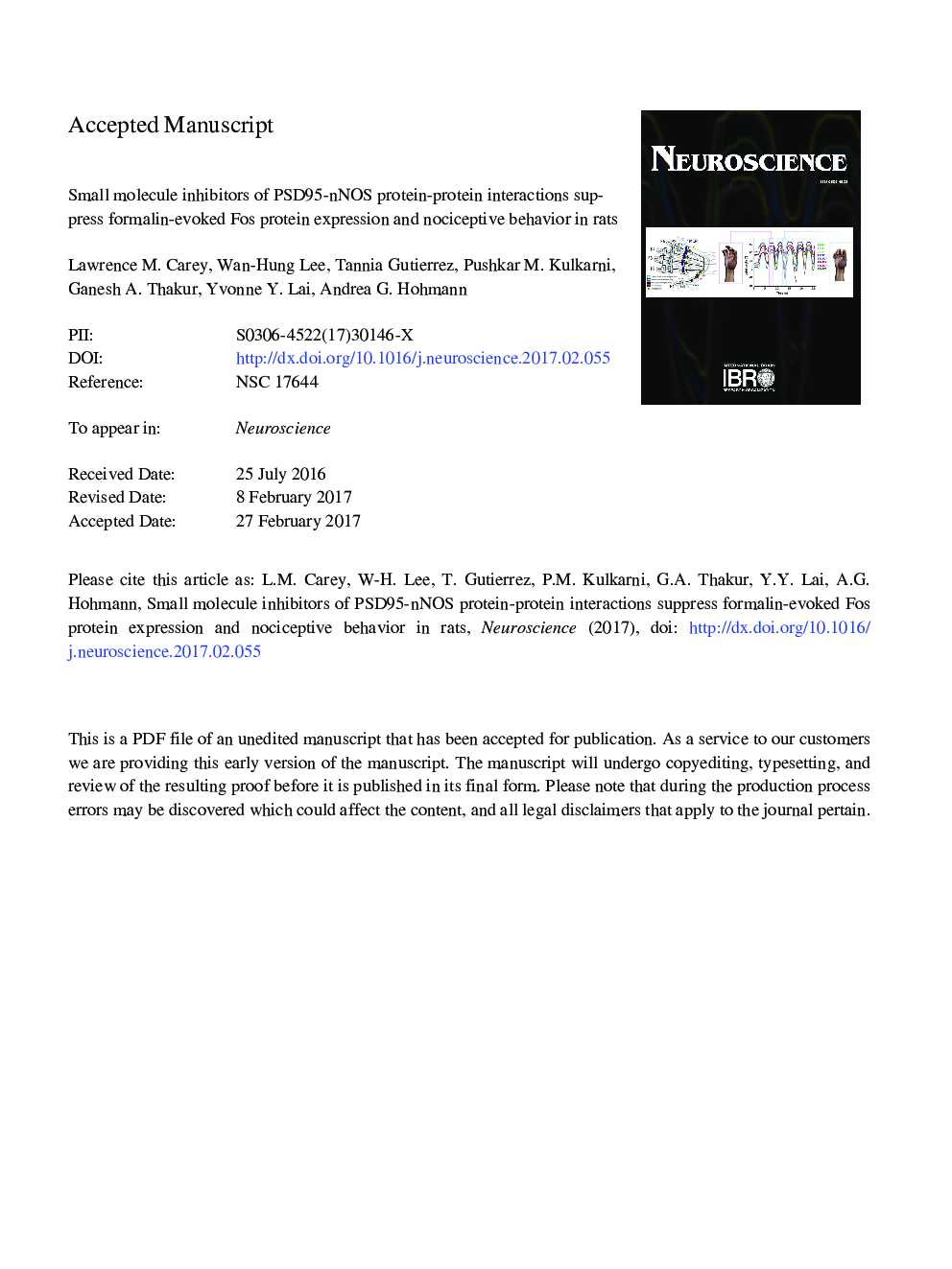 Small molecule inhibitors of PSD95-nNOS protein-protein interactions suppress formalin-evoked Fos protein expression and nociceptive behavior in rats