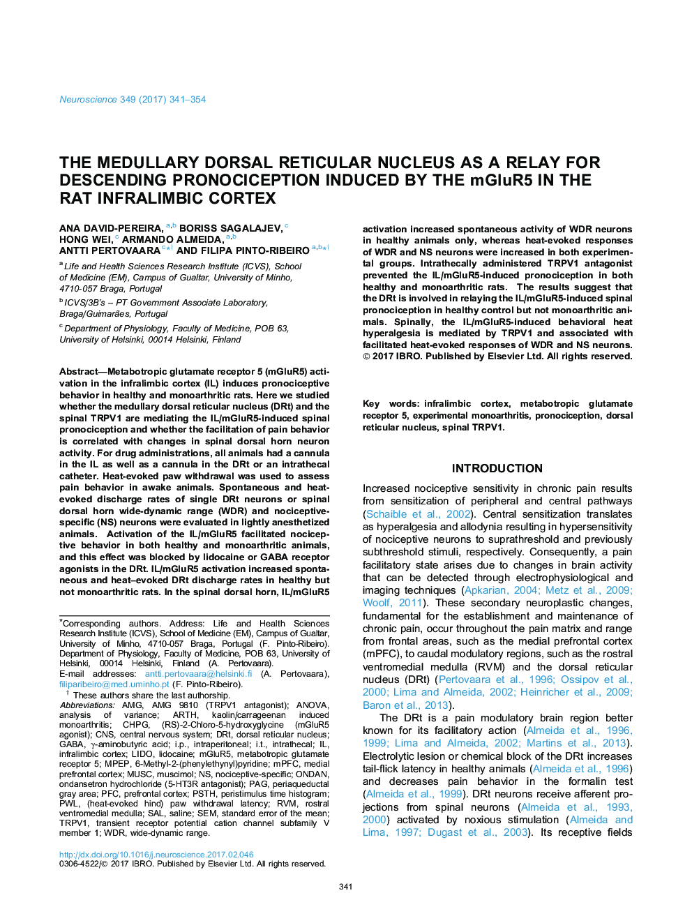 The medullary dorsal reticular nucleus as a relay for descending pronociception induced by the mGluR5 in the rat infralimbic cortex