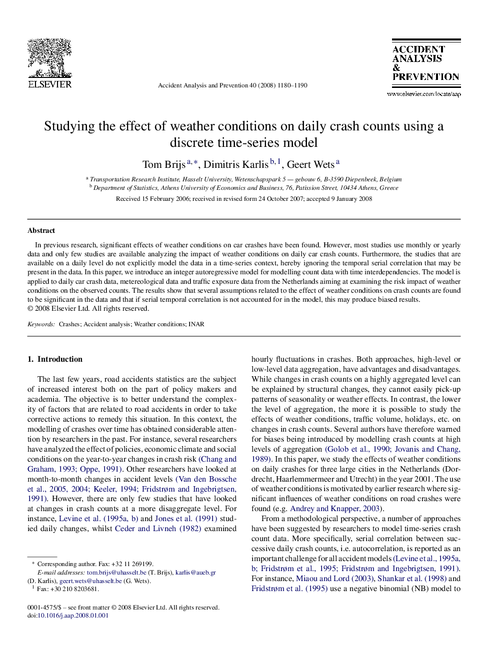 Studying the effect of weather conditions on daily crash counts using a discrete time-series model