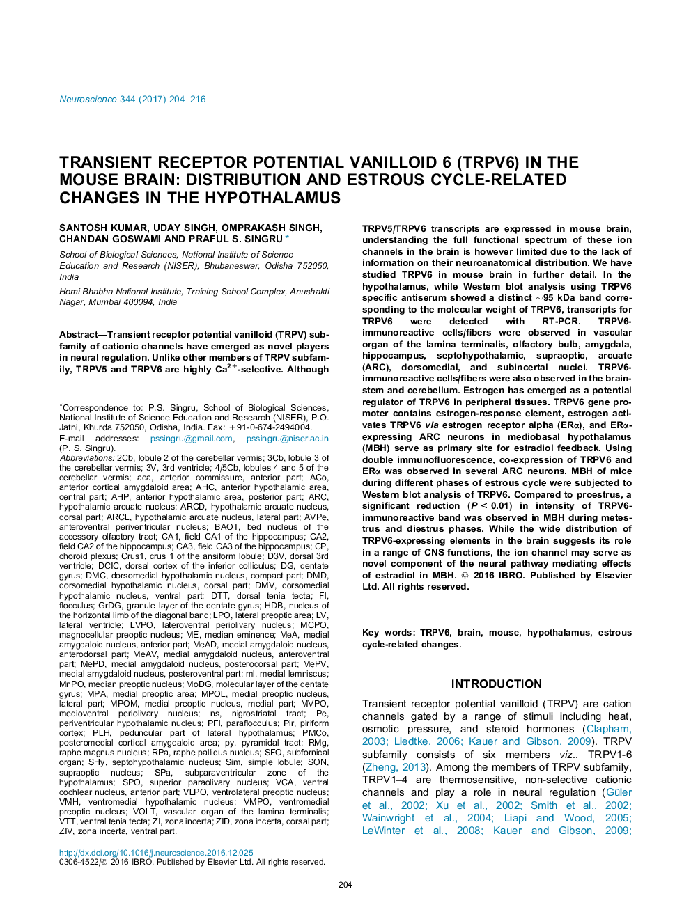 Transient receptor potential vanilloid 6 (TRPV6) in the mouse brain: Distribution and estrous cycle-related changes in the hypothalamus