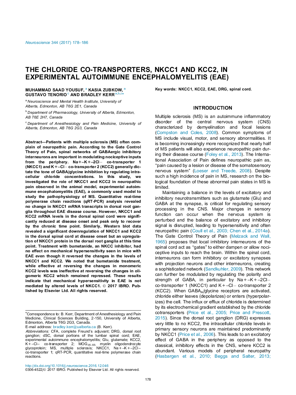 The chloride co-transporters, NKCC1 and KCC2, in experimental autoimmune encephalomyelitis (EAE)