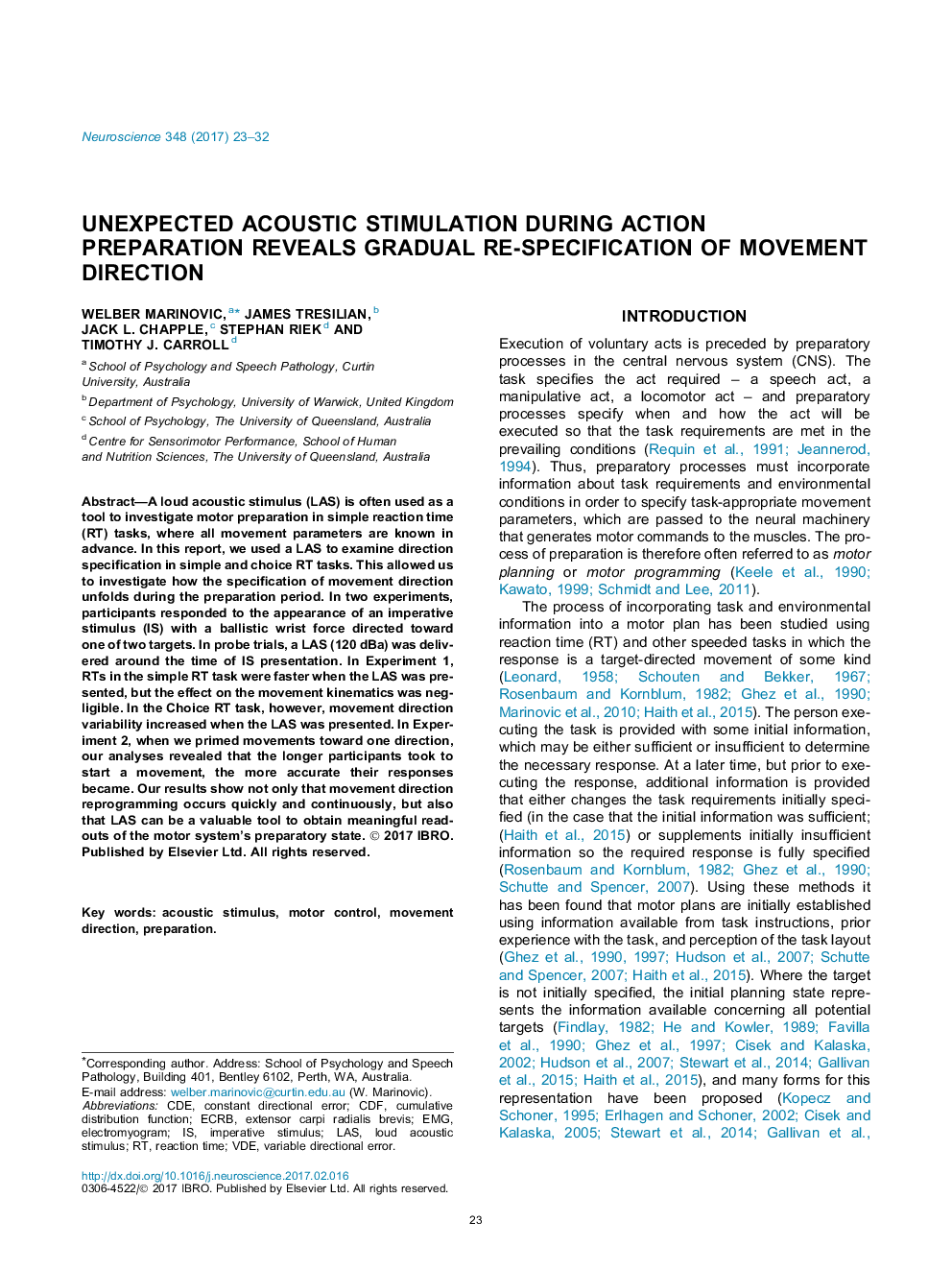 تحریک آکوستیک غیرمنتظره در هنگام آماده سازی عمل نشان دهنده تکرار دوباره مشخصی جهت حرکت است 