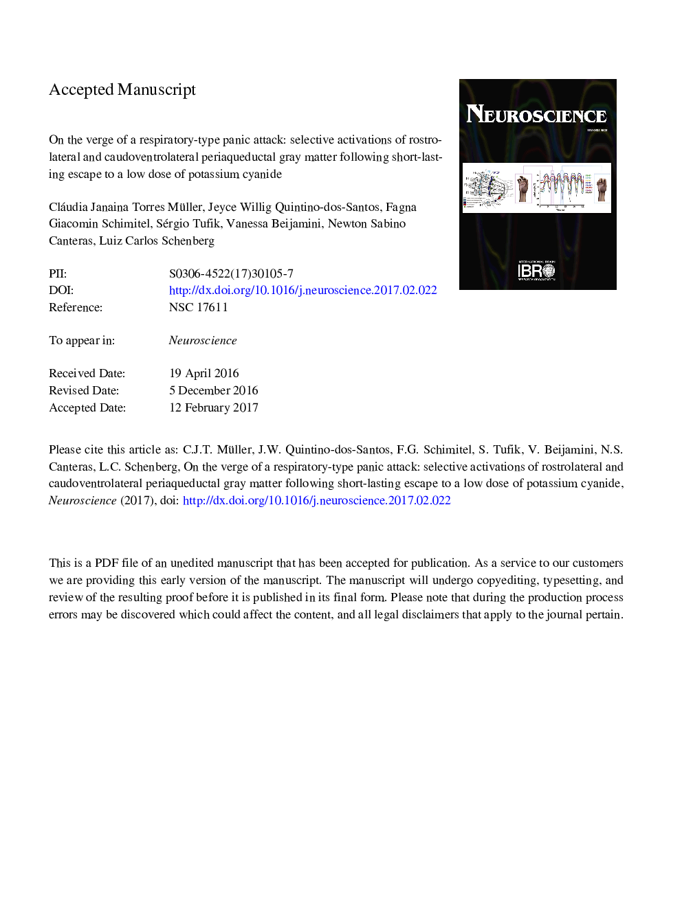 On the verge of a respiratory-type panic attack: Selective activations of rostrolateral and caudoventrolateral periaqueductal gray matter following short-lasting escape to a low dose of potassium cyanide