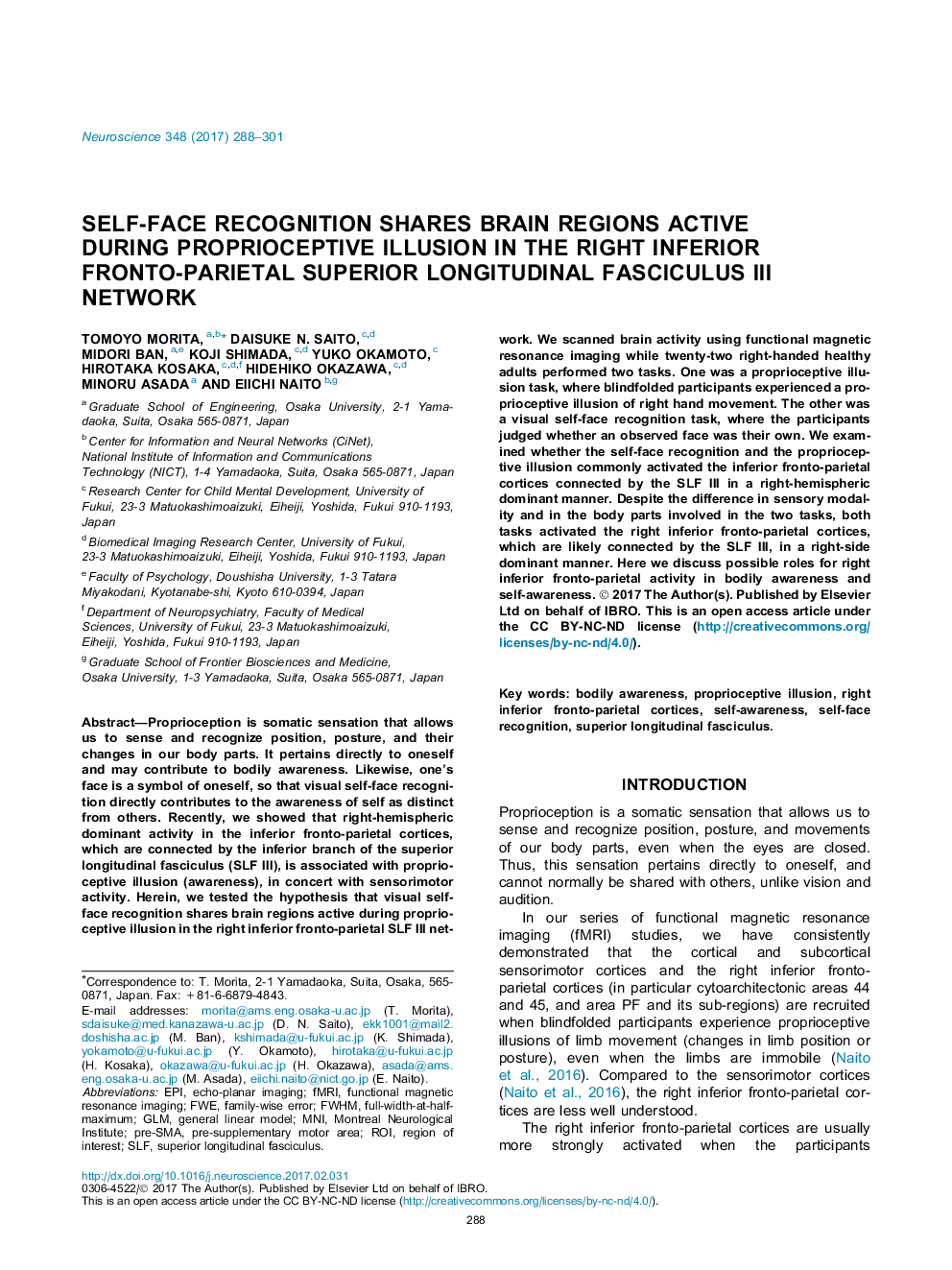 Self-face recognition shares brain regions active during proprioceptive illusion in the right inferior fronto-parietal superior longitudinal fasciculus III network