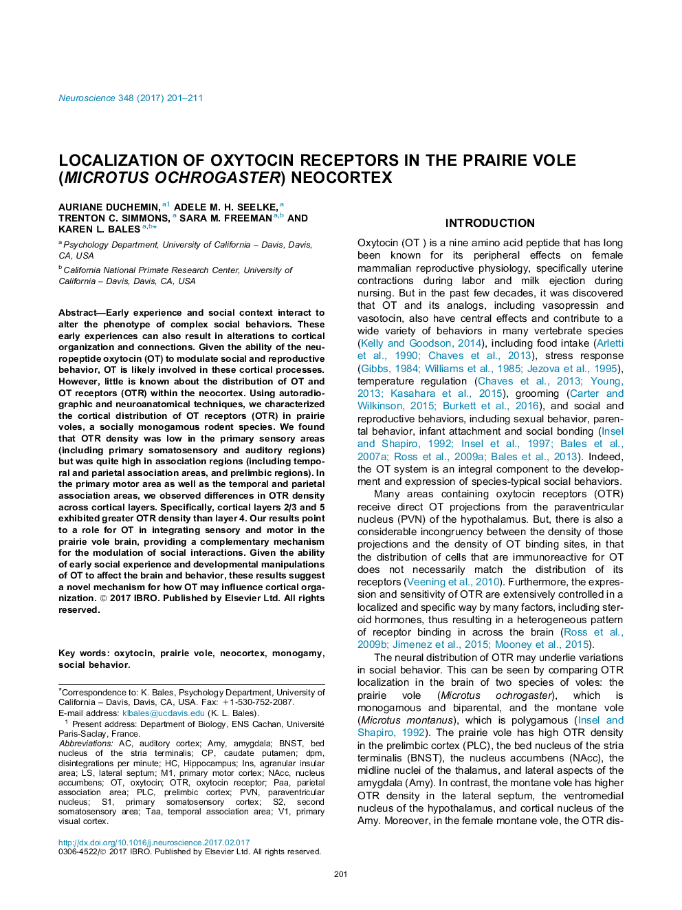 Localization of oxytocin receptors in the prairie vole (Microtus ochrogaster) neocortex