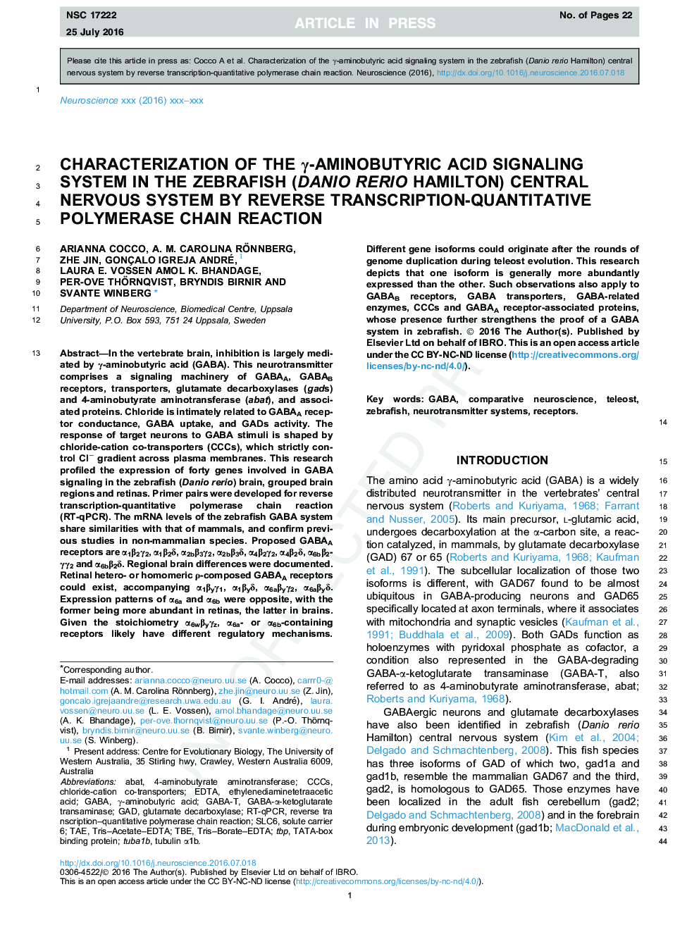 Characterization of the Î³-aminobutyric acid signaling system in the zebrafish (Danio rerio Hamilton) central nervous system by reverse transcription-quantitative polymerase chain reaction