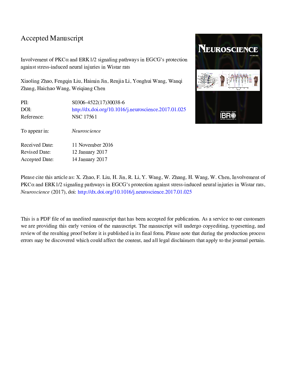 Involvement of PKCÎ± and ERK1/2 signaling pathways in EGCG's protection against stress-induced neural injuries in Wistar rats